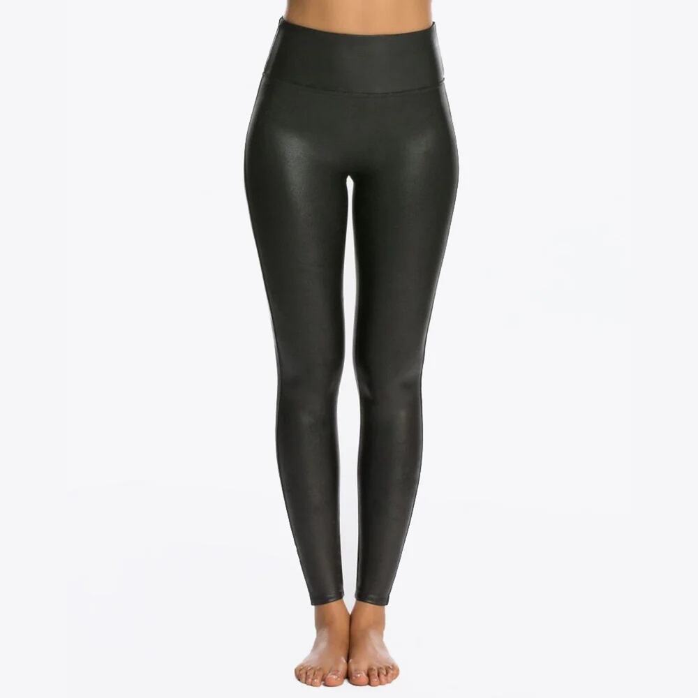 SPANX Shaper Black Faux Leather Leggings with Power Waistband Size L